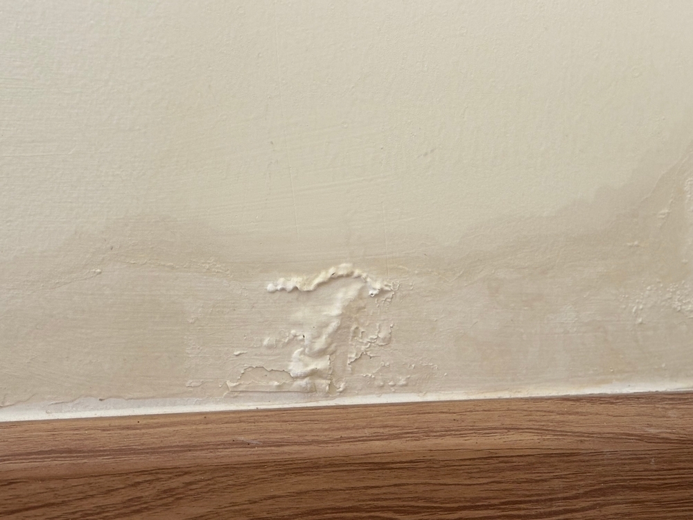 A wall damaged by water seepage with a clear mark indicating the extent of the leak